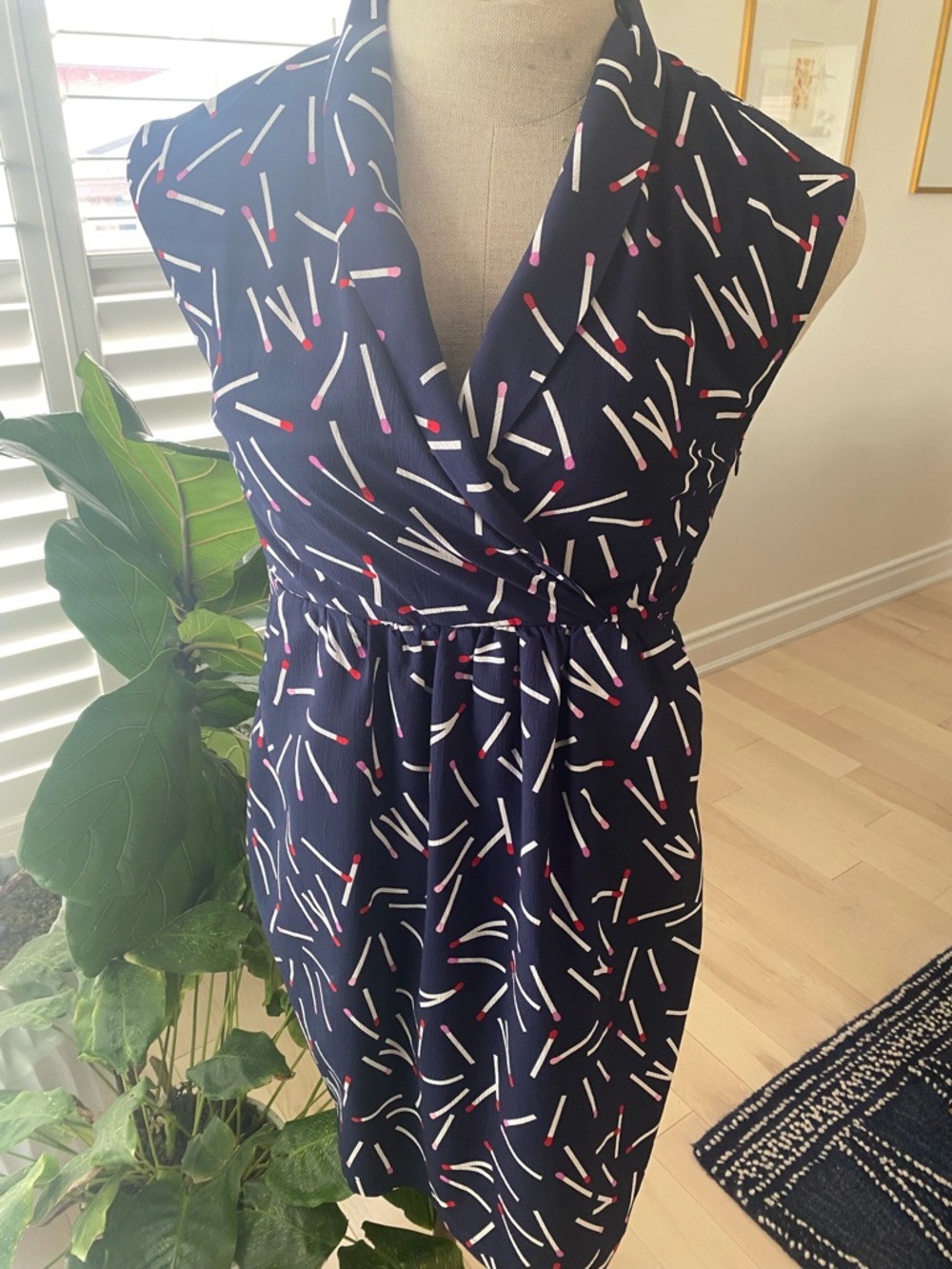 Navy Sleeveless Wrap Midi Dress with Matchstick Print